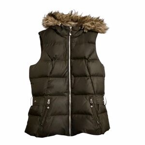 Brown Pewter Goose Down Puffer Vest with Faux Fur Hood - MT